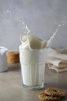 Fresh milk splash. Pouring milk into glass creating splash on a white background. Selective focus. photo