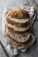 Sourdough bread slices, homemade healthy bread, top view. photo