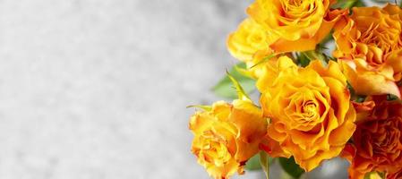 Close up orange yellow rose flowers bouquet with copy space grey background. Banner photo