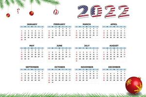 Calendar 2022 template on a white background. Week starts on Sunday, holidays in red colors. Vector illustration.