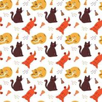 Vector seamless pattern with cats and hats. hand drawing