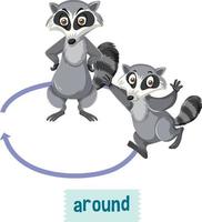 English prepositions with raccoons walk around boxes vector