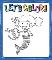 Worksheets template with lets color text and mermaid outline vector