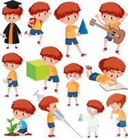 Set of boys doing activitys on white  background vector