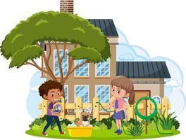 Isolated outdoor park with children washing their dog vector