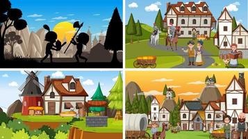 Set of different scene medieval with silhouette vector