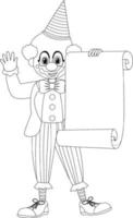 Clown hold paper scroll black and white doodle character vector