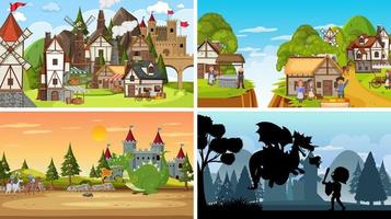 Set of different scene medieval with silhouette vector