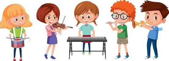 Boy and girls playing music instruments on white background vector