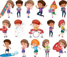 Set of children doing different activities on white background vector