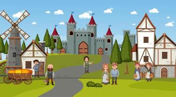 escena de la ciudad medieval en estilo de dibujos animados vector