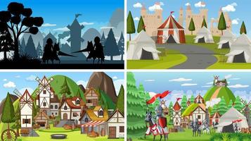 Set of different scene medieval with silhouette vector