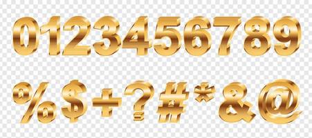 conjunto de símbolos y números en negrita 3d realistas. ilustración vectorial de números caligráficos metálicos dorados. colección de elementos de signos de letras modernas para diseño creativo
