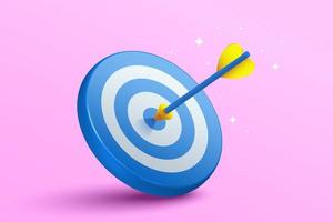 3d blue dart hit to center of dartboard. Arrow on bullseye in target. Business success, investment goal, opportunity challenge, aim strategy, achievement focus concept. 3d vector illustration