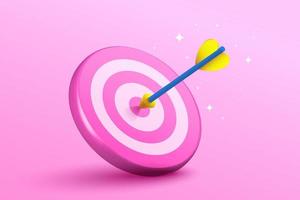 3d blue dart hit to center of pink dartboard. Arrow on bullseye in target. Business success, investment goal, opportunity challenge, aim strategy, achievement focus concept. 3d vector illustration