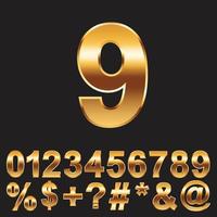 Golden number and symbol collection. realistic gold alphabet set. vector illustration