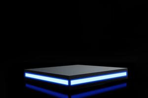 Empty neon light podium with line gradient neon line on the background dark. 3d rendering illustration abstract light cyberpunk style concept photo