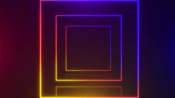 Neon square shape frame with shining effects multi-colored on black background. Glowing reflection technology backdrop photo