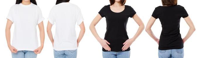 Woman In White And Black T Shirt Isolated Front And Rear Views Cropped image Blank T-shirt Options, Girl In Tshirt Set. Mock Up. Shirt Design And People Concept. photo
