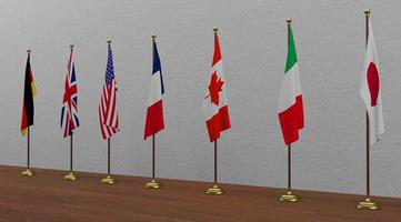 Flags of G7 countries. All official national flags of G7 Canada, France, Germany, Italy, Japan, the United Kingdom, the United States of America. 3D work and 3D illustration photo