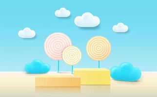 3D rendering podium, colorful pastel background, clouds and weather with empty space for kids or baby product