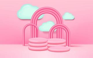 Estilo infantil de podio de representación 3d con fondo de color rosa, nubes y espacio vacío para niños o productos para bebés vector