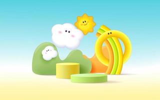 3d product podium, pastel color background, clouds, sun and weather with empty space for kids or baby product. vector