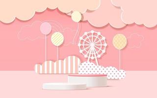 3d product podium, pastel color background, clouds, weather with empty space for kids or baby product. vector