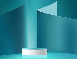 Abstract 3D cylinder pedestal podium with geometric cube platform. Modern vector rendering for cosmetic product presentation.