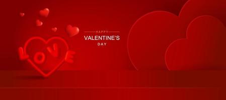 Valentine's day banner template with 3D hearts, shining lights and stage. Vector illustration