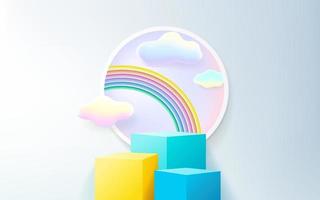 3d pink podium on pastel background abstract geometric shapes with cute rainbow, kids product display vector