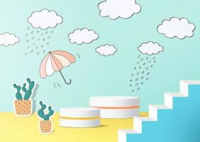 3d product podium with hand drawn weather background, empty space for kids or baby product. vector