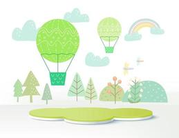 Podio de productos 3d, fondo con arco iris y nubes, clima con espacio vacío para niños o productos para bebés. vector