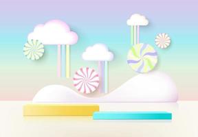 3D rendering podium kid style with colorful pastel background, clouds and weather with space for kids or baby product vector