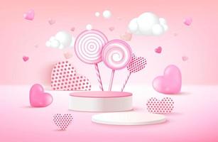 Valentine's day banner template with 3D hearts, shining lights and podium. Vector illustration