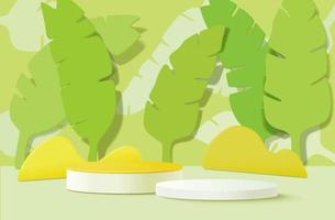 Representación verde 3d con escena de podio y hojas de plátano. vector