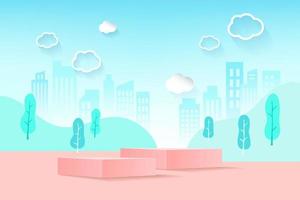 Vector illustration in simple minimal geometric flat style, city landscape with buildings, hills and trees, abstract background