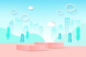 Vector illustration in simple minimal geometric flat style, city landscape with buildings, hills and trees, abstract background