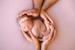 Close-up beautiful sleeping baby girl. Newborn baby girl, asleep photo