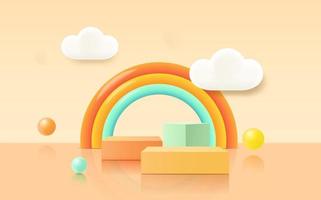 Podio de renderizado 3d, fondo pastel colorido, nubes y clima con espacio vacío para niños o productos para bebés vector