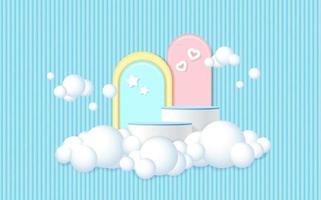 3D rendering podium, colorful background, clouds with empty space for kids or baby product vector