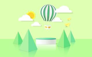 3D rendering podium, colorful green background, clouds and weather with empty space for kids or baby product vector