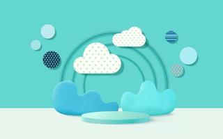 3d product podium, pastel color background, clouds, weather with empty space for kids or baby product. vector