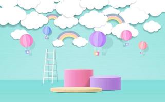 Podio de producto 3d, fondo de color pastel, nubes, clima con espacio vacío para niños o productos para bebés. vector