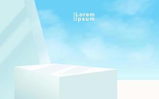 Abstract 3D white podium with blue sky background. Modern vector rendering geometric platform for product display presentation.