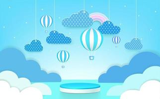3d product podium with pastel color background, clouds, weather with empty space for kids or baby product. vector