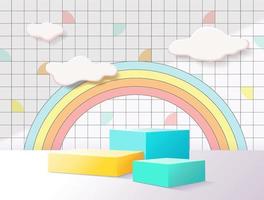 Estilo infantil de podio de representación 3d, fondo colorido, nubes y clima con espacio vacío para niños o productos para bebés vector