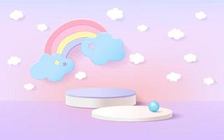 el cielo con arco iris y nubes, estilo de arte en papel, maqueta de fondo mínima con podio para la exhibición de productos. representación 3d vector