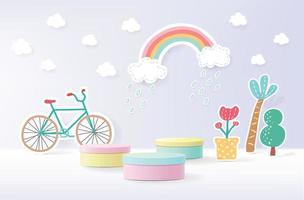 Paper cut landscape banner with rainbow and clouds made in realistic paper craft art. Kids colorful podium product display vector