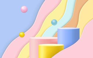 Abstract scene background. Cylinder podium on pink, blue, yellow background. Product presentation, mock up, show cosmetic product, Podium, stage pedestal or platform. vector